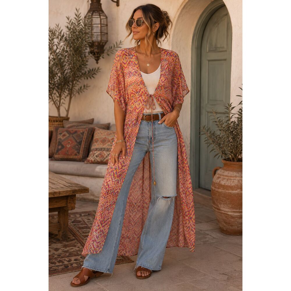 CURE. Abstract Ikat Chevron Print Maxi Kimono Duster Swim Cover Up Orange 1XL